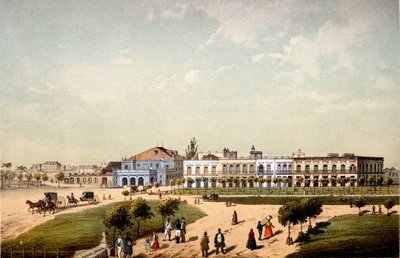 Teatro de Tacon and part of Paseo de Isabel II, seen from the Gate of Monseratte, 1840 by Federico Mialhe